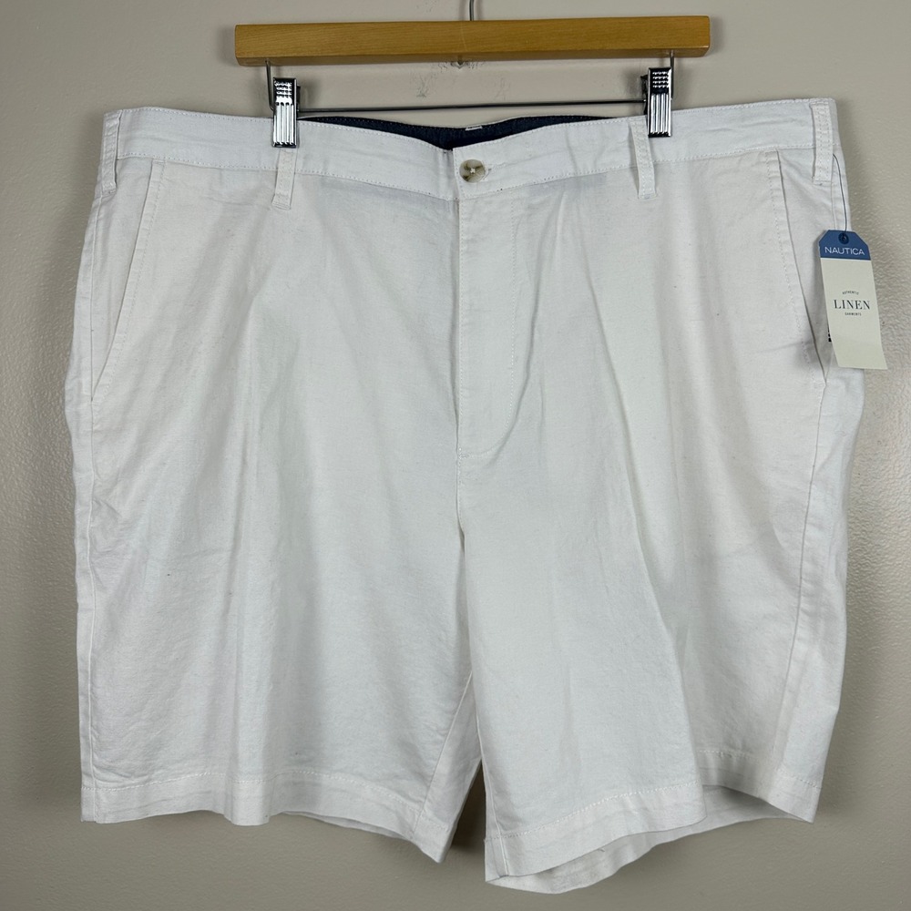 Nautica Men's 42 Deck Shorts Bright White Linen Blend Classic Fit Preppy New